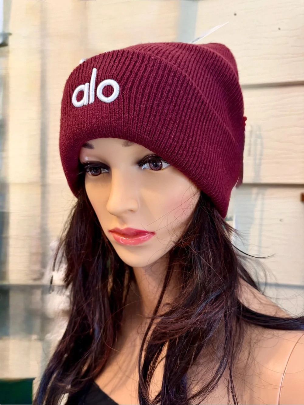 ALO Yoga Maroon Ribbed Beanie with White Logo